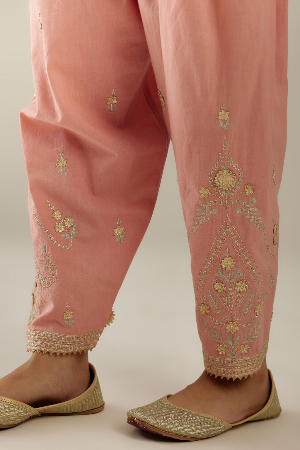 Pink cotton narrow salwar with heavy zari and gota embroidery