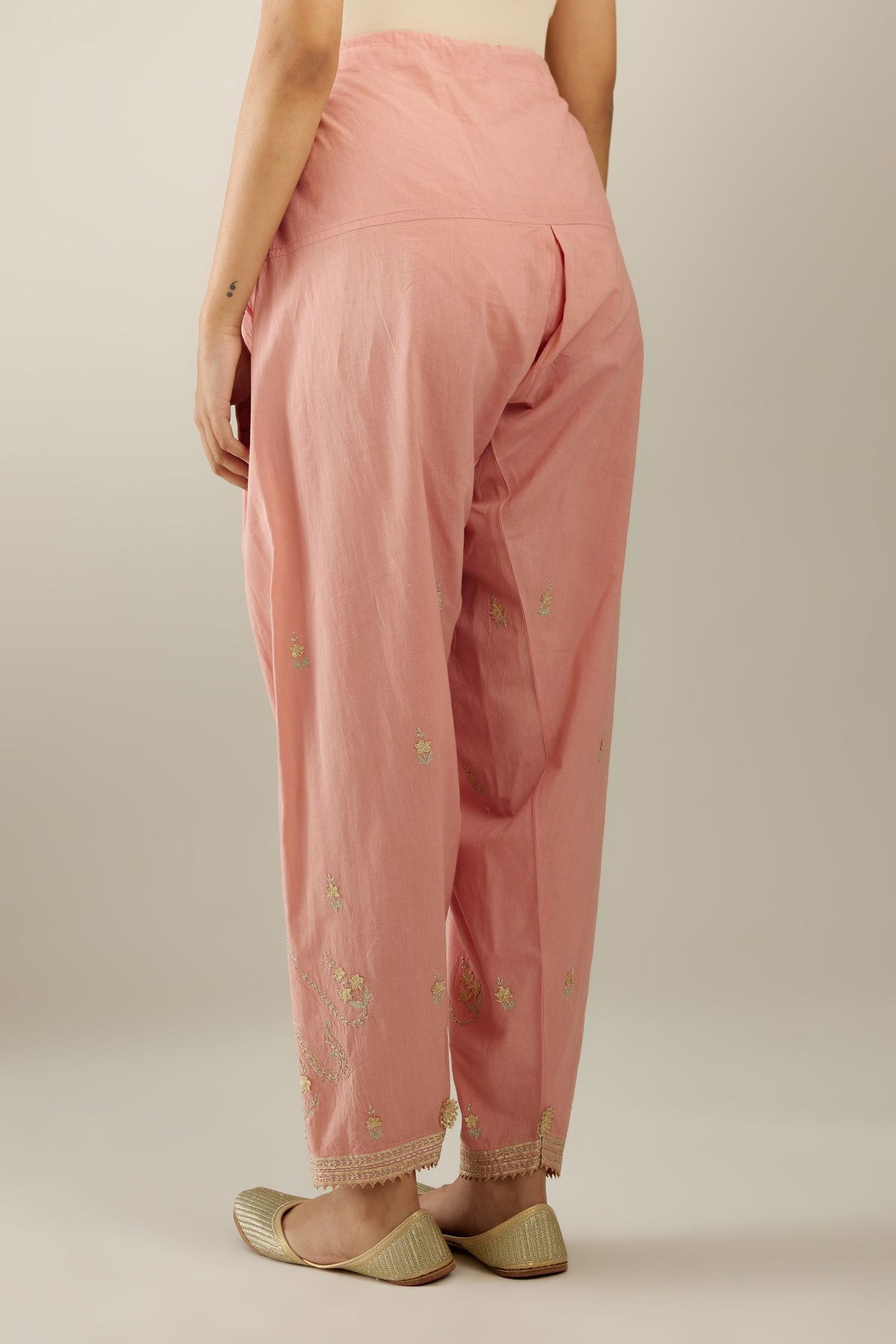 Pink cotton narrow salwar with heavy zari and gota embroidery