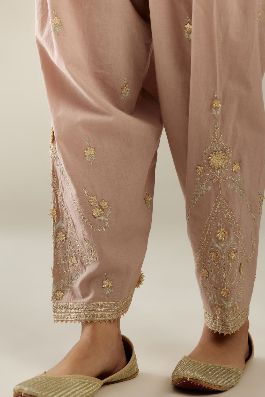 Lilac cotton narrow salwar with heavy zari and gota embroidery