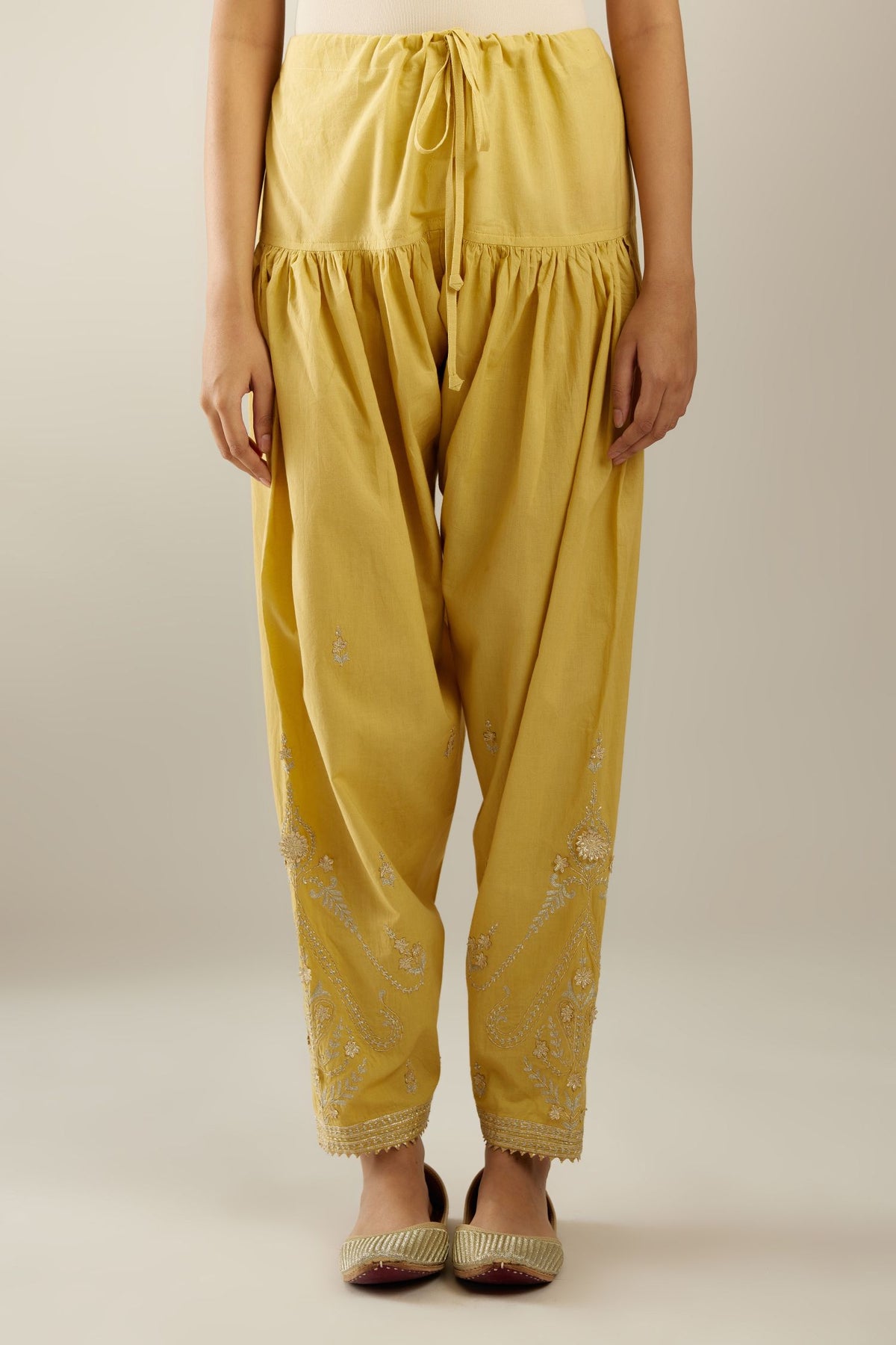 Yellow cotton narrow salwar with heavy zari and gota embroidery