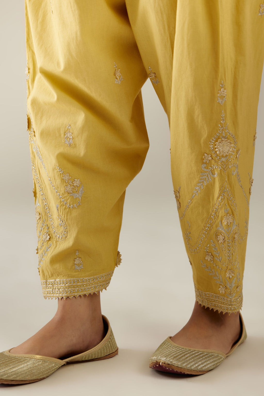 Yellow cotton narrow salwar with heavy zari and gota embroidery