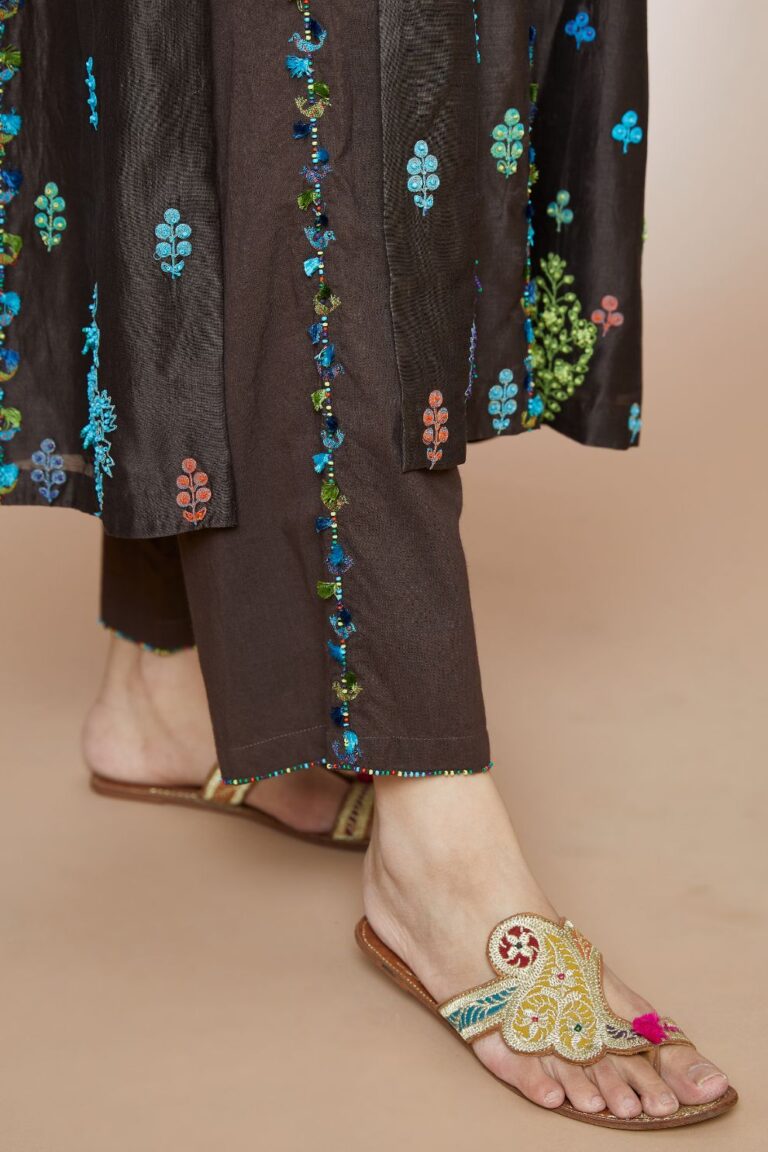 Cocoa brown straight kurta set with all-over multi coloured Dori embroidery and delicate bird and tassel detail at side panel joint seams
