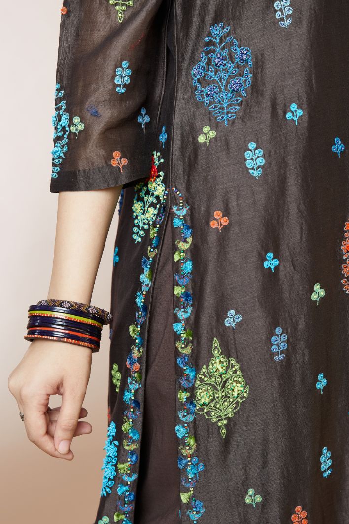 Cocoa brown straight kurta set with all-over multi coloured Dori embroidery and delicate bird and tassel detailing