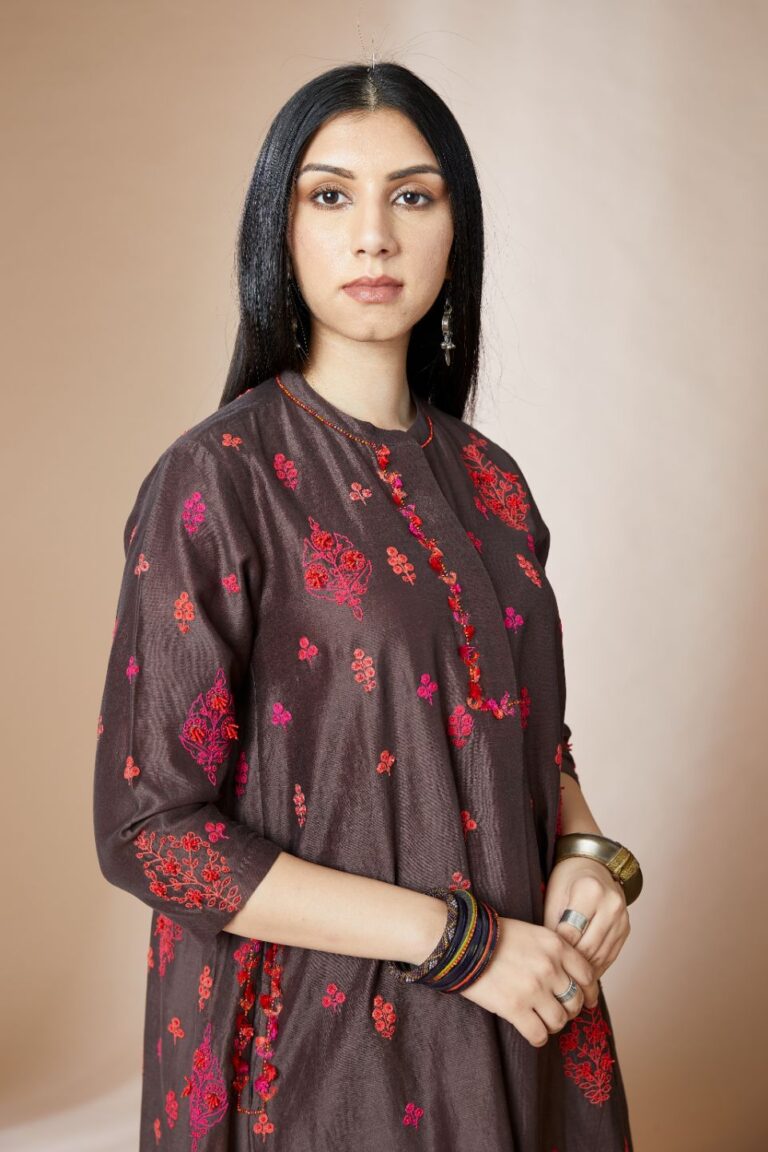 Cocoa brown short shirt-kurta set with all-over multi coloured Dori embroidery and delicate bird and tassel detailing