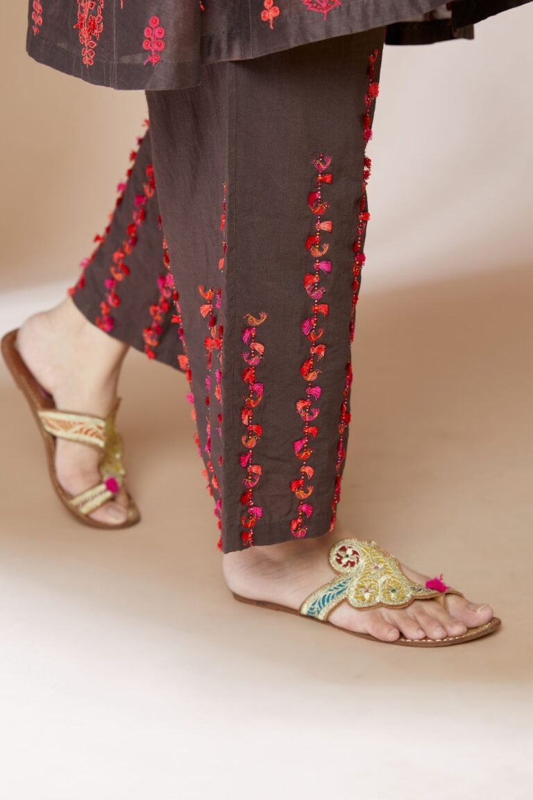 Cocoa brown short shirt-kurta set with all-over multi coloured Dori embroidery and delicate bird and tassel detailing