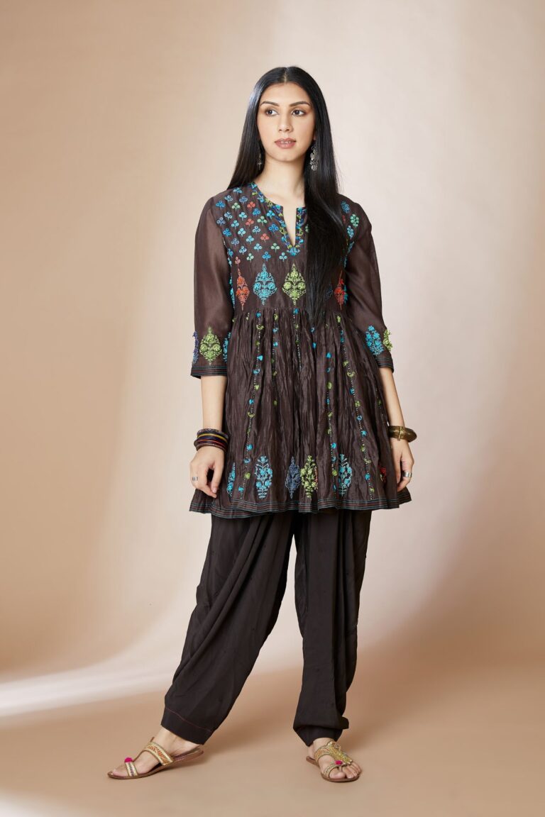Cocoa brown silk Chanderi short paneled kurta set with all-over multi coloured embroidery