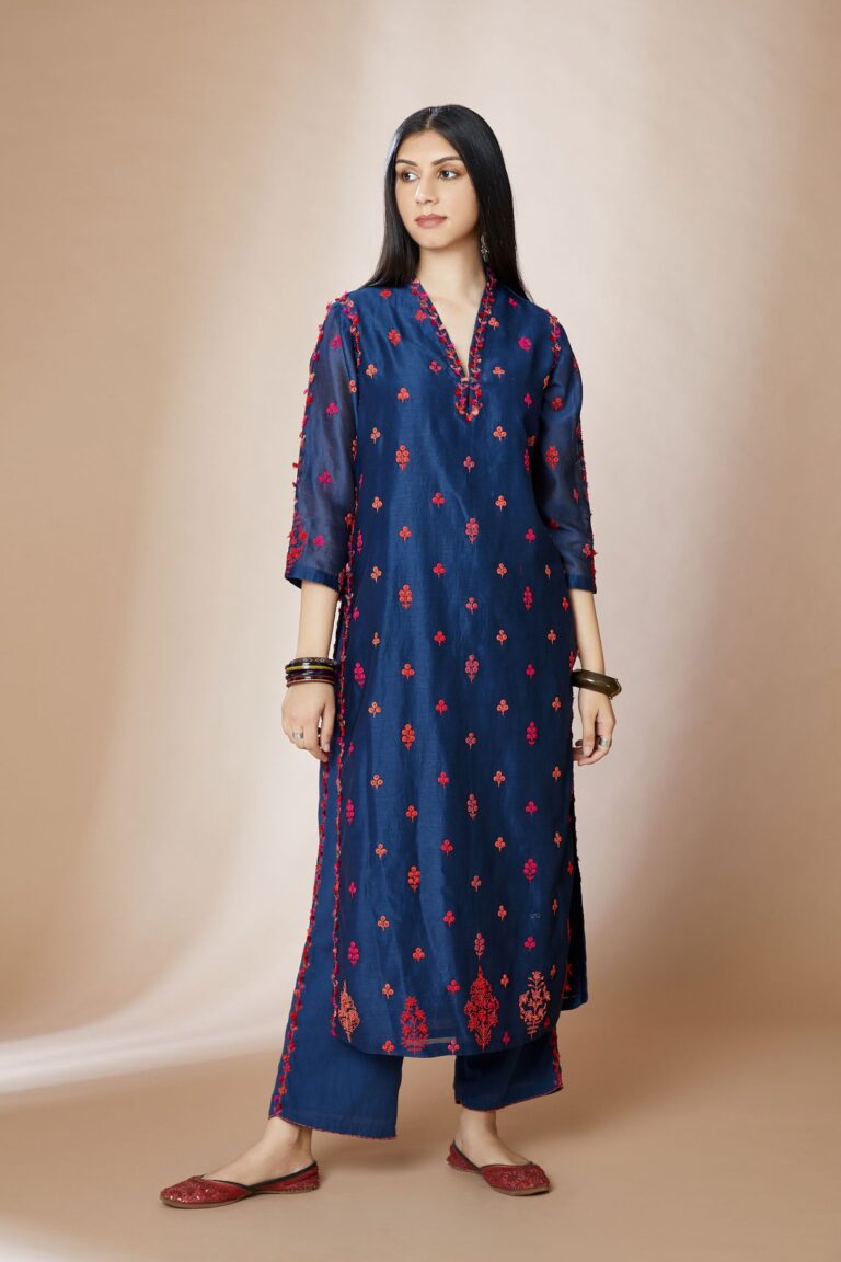 Indigo blue straight kurta set with all-over multi coloured Dori embroidery and delicate bird and tassel detailing at neck and side slits