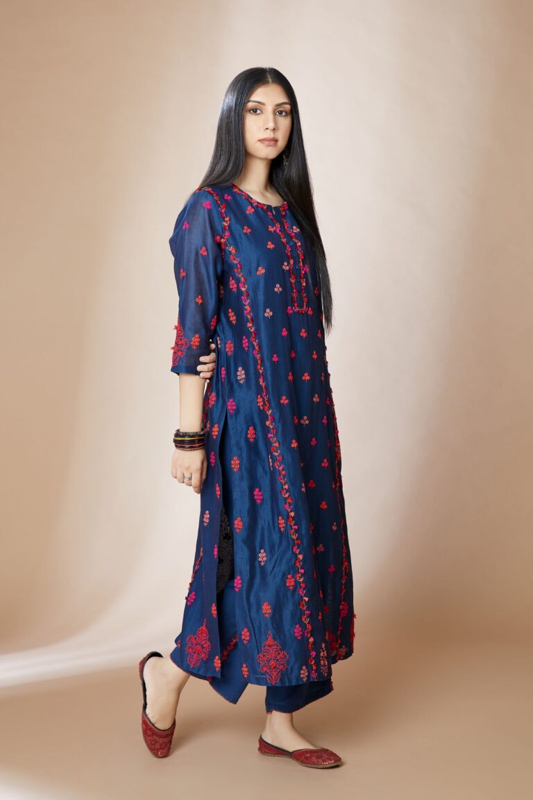 Indigo blue straight kurta set with all-over multi coloured Dori embroidery and delicate bird and tassel detail at side panel joint seams