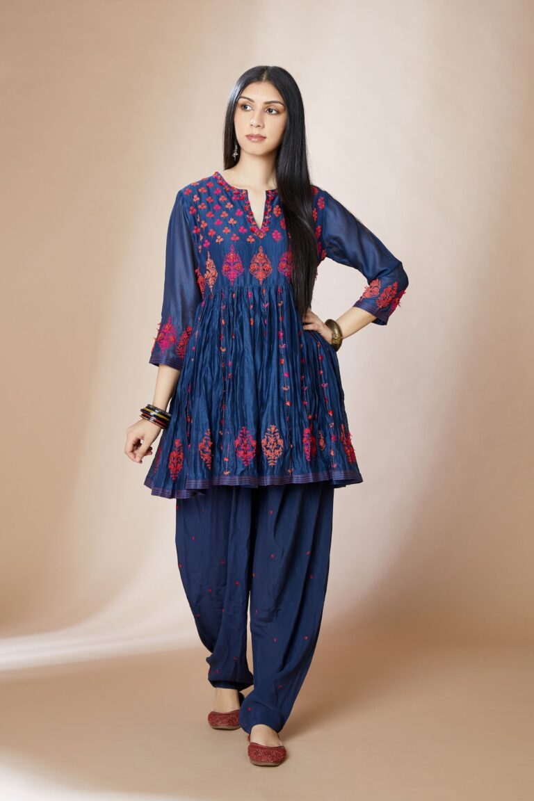 Indigo blue silk Chanderi short paneled kurta set with all-over multi coloured embroidery