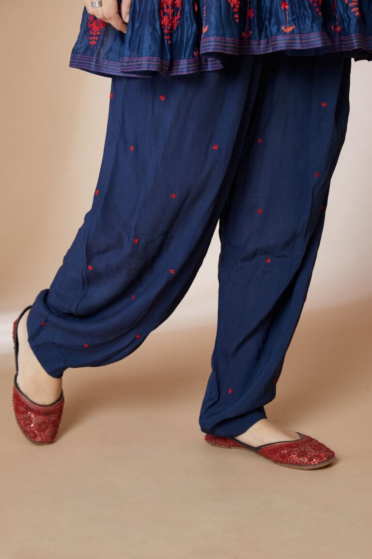 Indigo blue silk Chanderi short paneled kurta set with all-over multi coloured embroidery