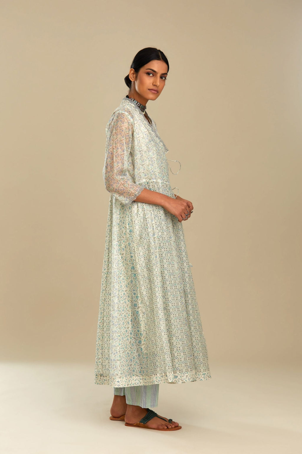 Cotton chanderi blue and green printed angrakha kurta set
