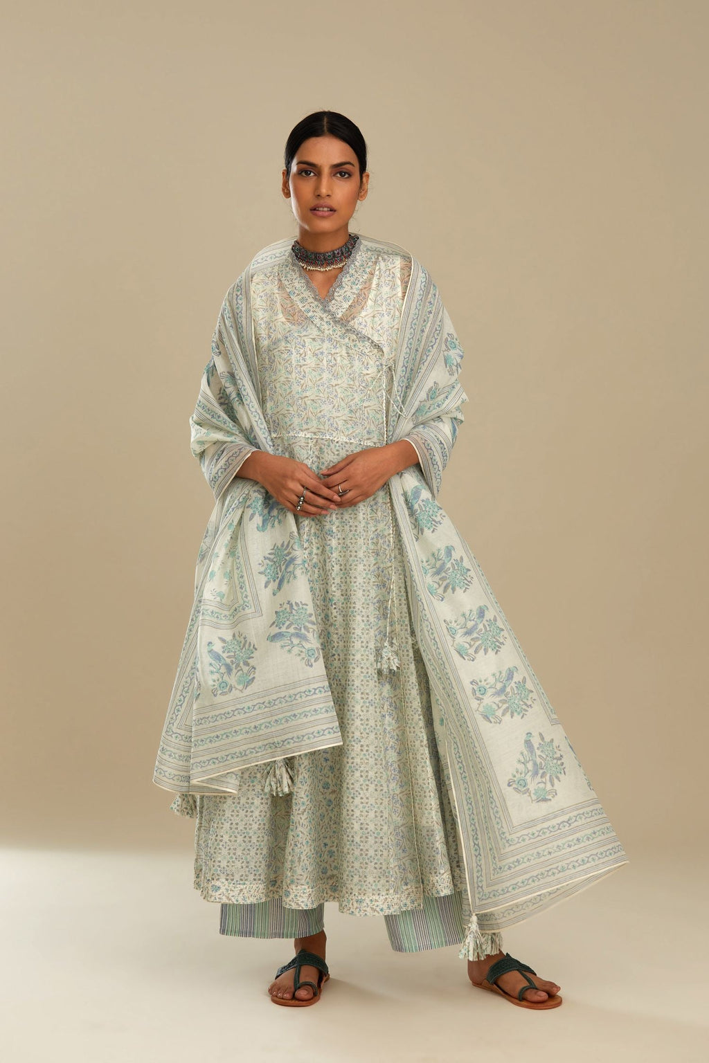 Cotton chanderi blue and green printed angrakha kurta set