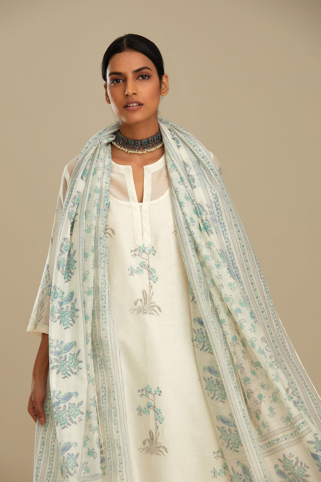 Off-white and blue cotton chanderi hand block printed dupatta.