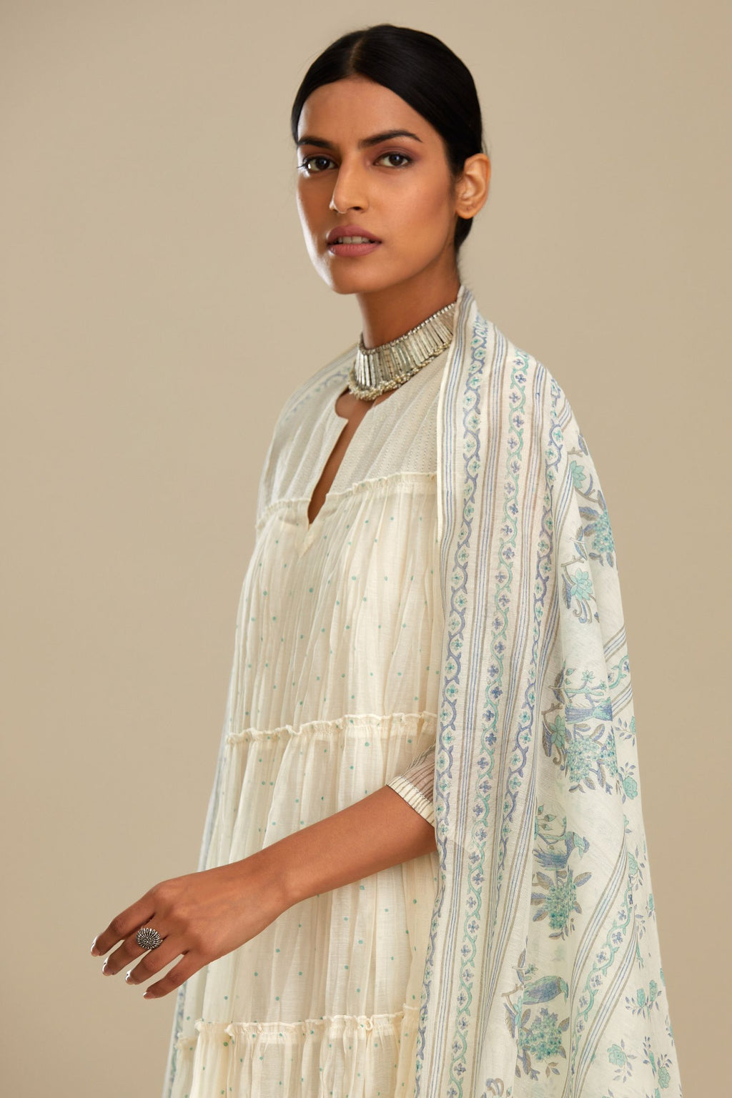 Off-white and blue cotton chanderi hand block printed dupatta.