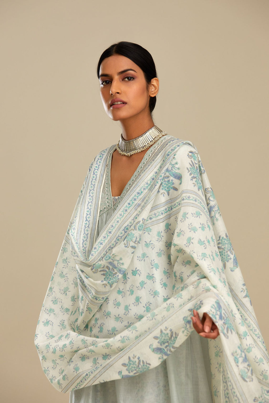 Off-white and blue cotton chanderi hand block printed dupatta.