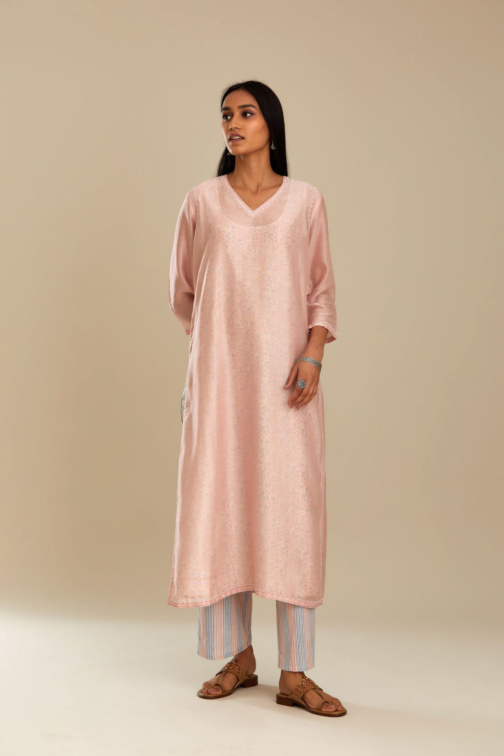 Pink V neck kurta set with thread and beads embroidery.