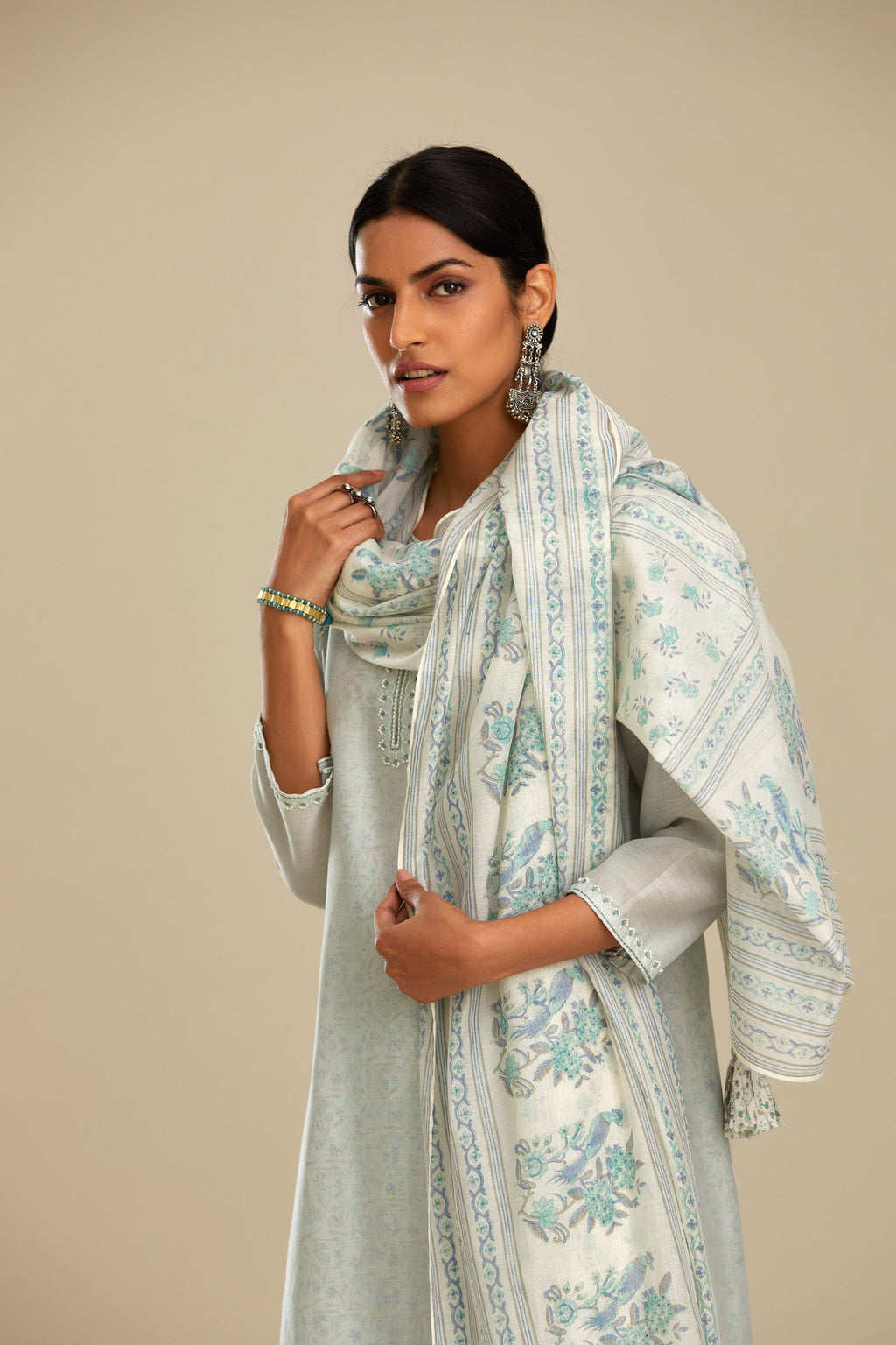 Off-white and blue cotton chanderi hand block printed dupatta.