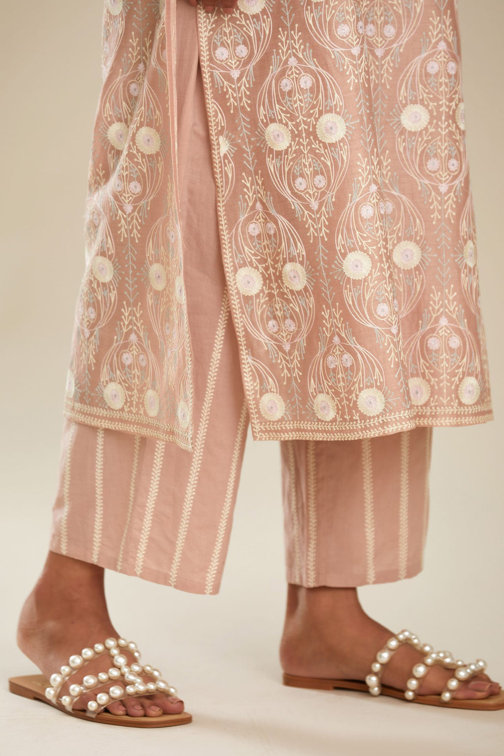 Old rose silk chanderi straight kurta set with full jaal embroidery at front and back.