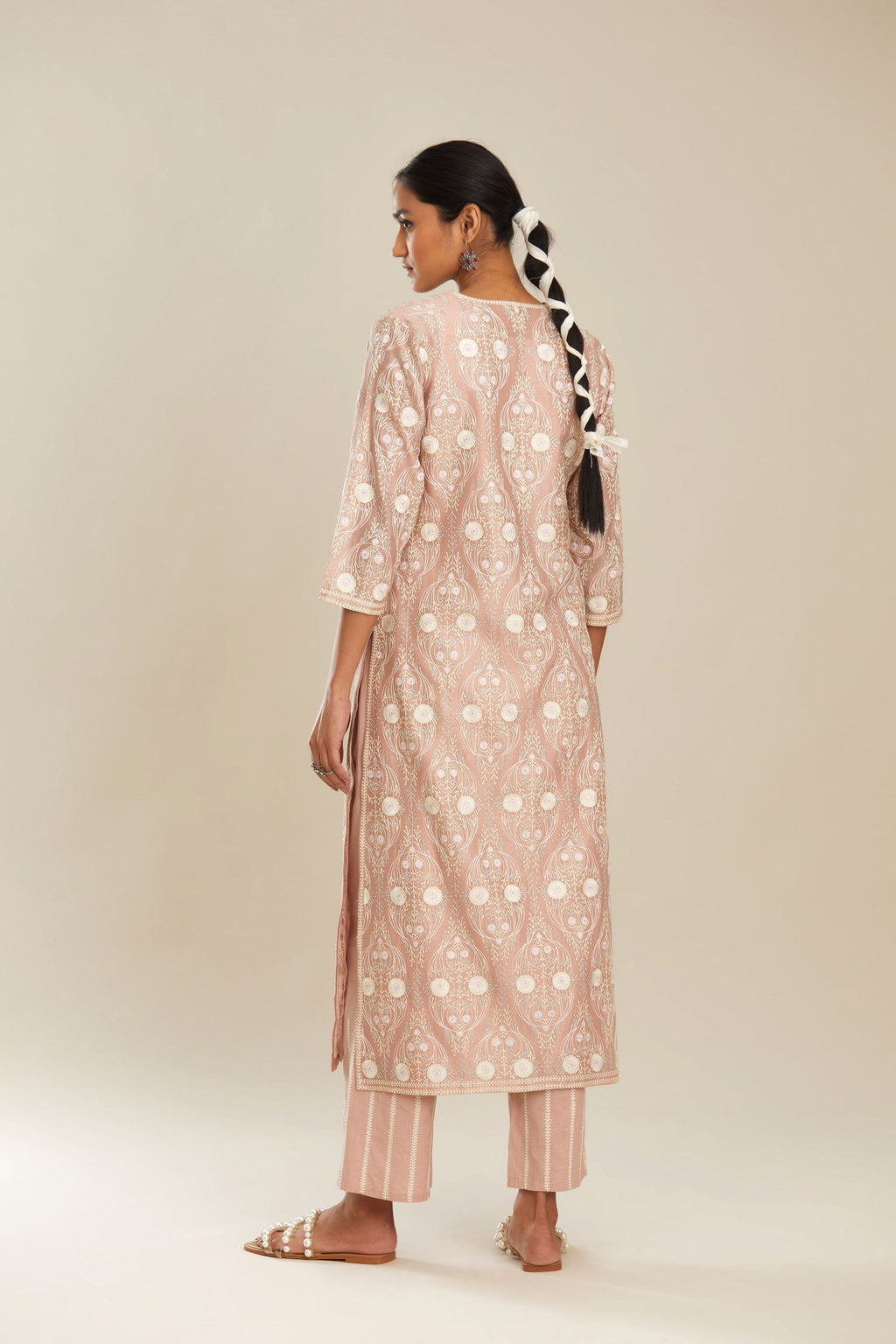 Old rose silk chanderi straight kurta set with full jaal embroidery at front and back.