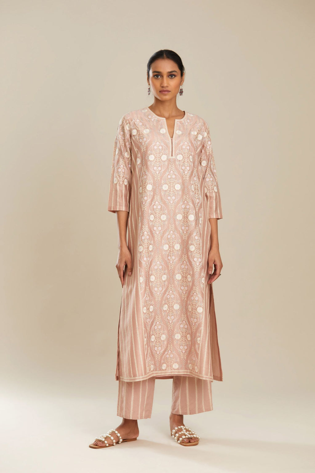 Silk chanderi straight kurta set with jaal embroidery in central panel and striped embroidery at sides