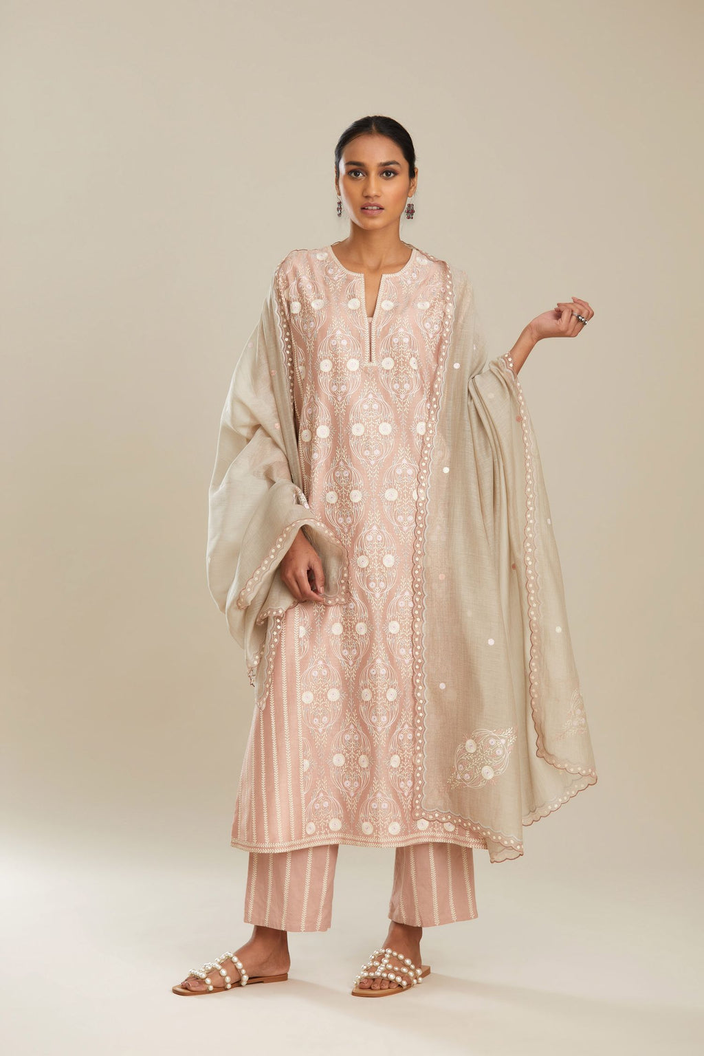 Silk chanderi straight kurta set with jaal embroidery in central panel and striped embroidery at sides