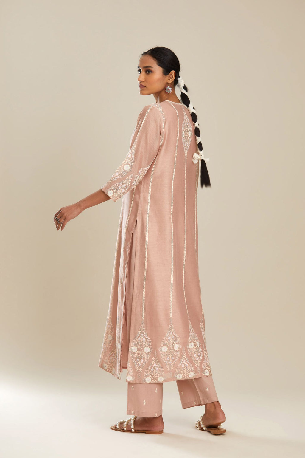 Silk chanderi straight kurta set with pastel silk thread embroidery.