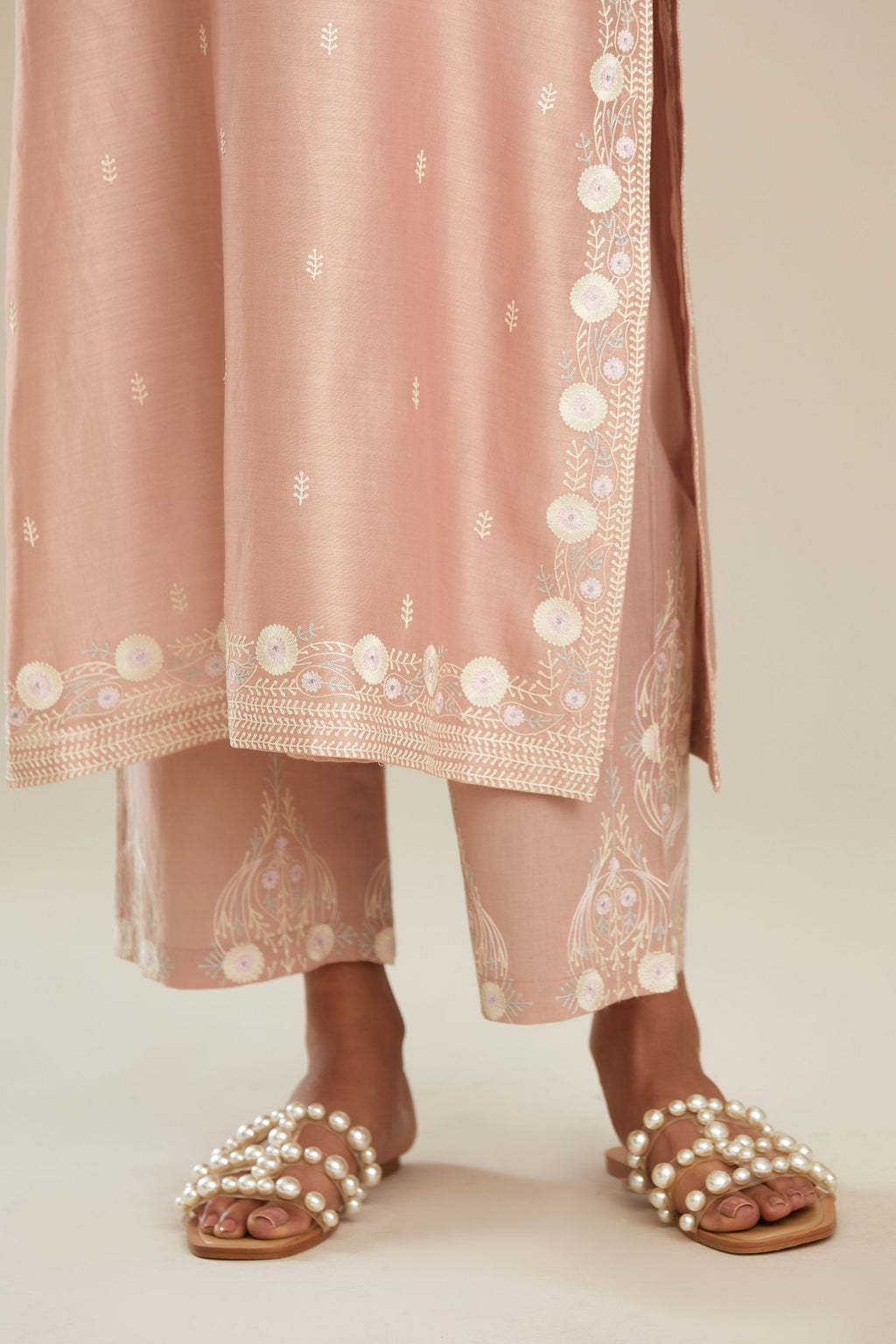 Old rose silk chanderi straight kurta set with pastel silk thread embroidery