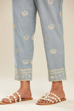 Powder blue cotton narrow pants with gold gota and zari embroidery