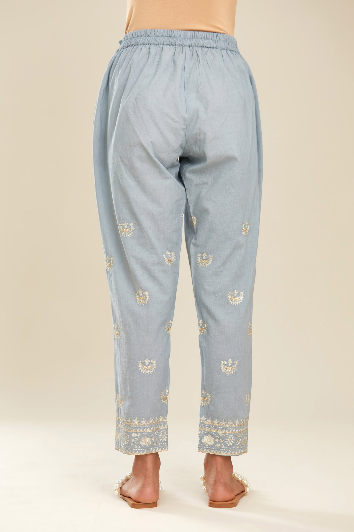 Powder blue cotton narrow pants with gold gota and zari embroidery