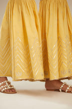 Yellow farshi with gold gota work and gota patti lace at hem. (Farshi)