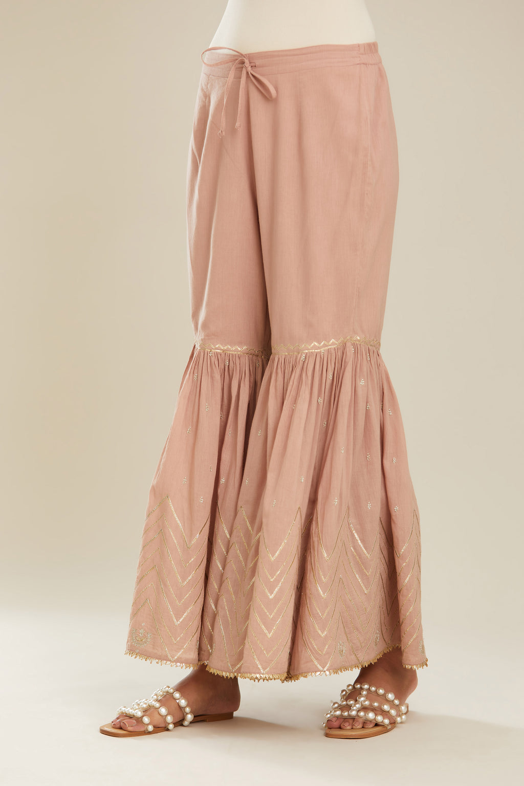 Old rose farshi with gold gota work and gota patti lace at hem. (Farshi)
