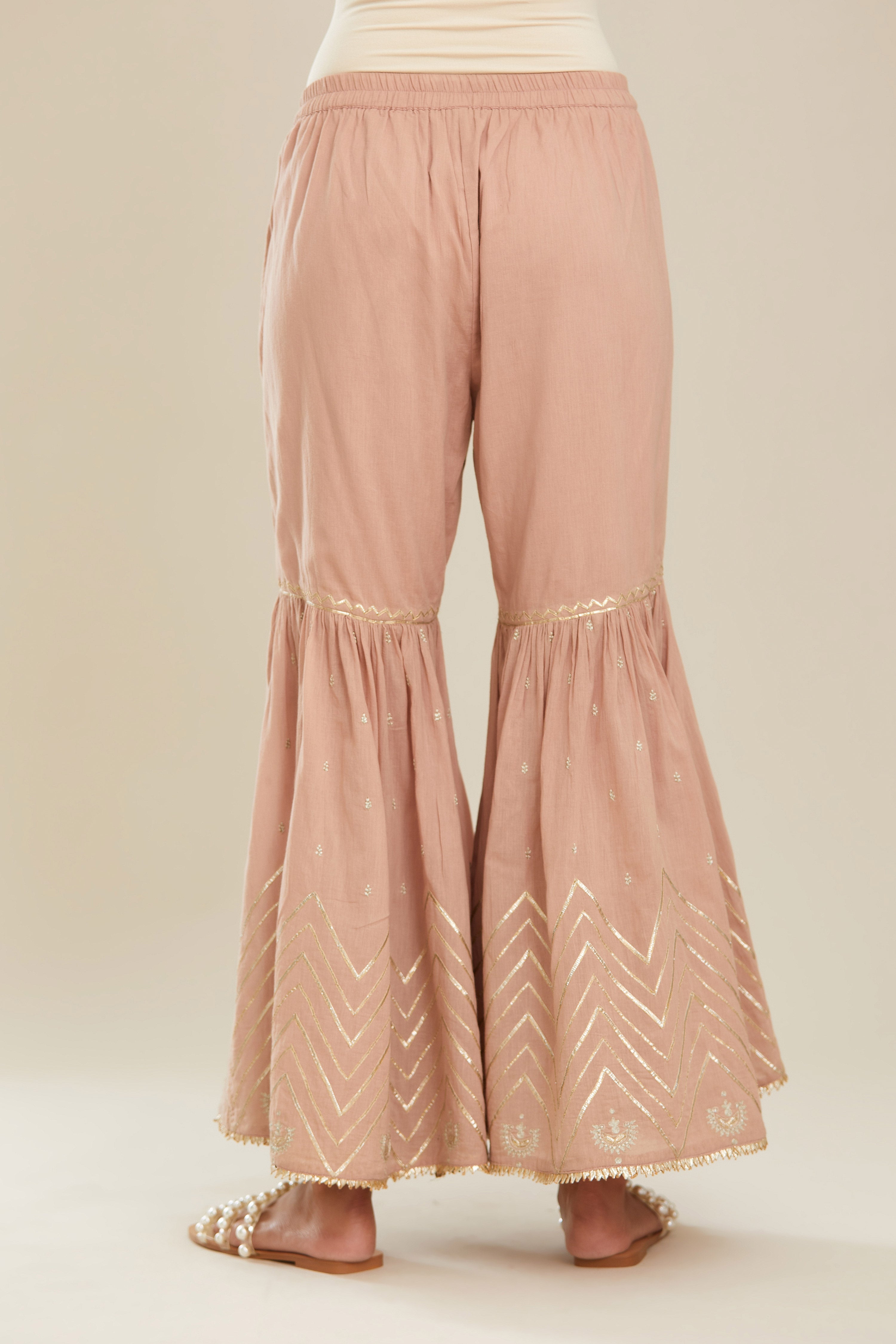 Old rose farshi with gold gota work and gota patti lace at hem. (Farshi)
