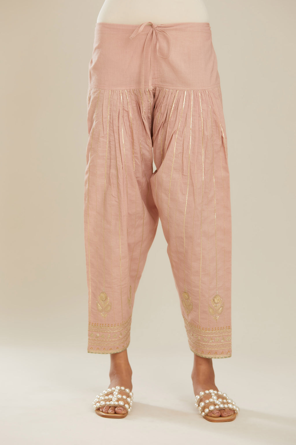 Old rose cotton narrow salwar with all-over gold gota and zari embroidery. (Salwar)