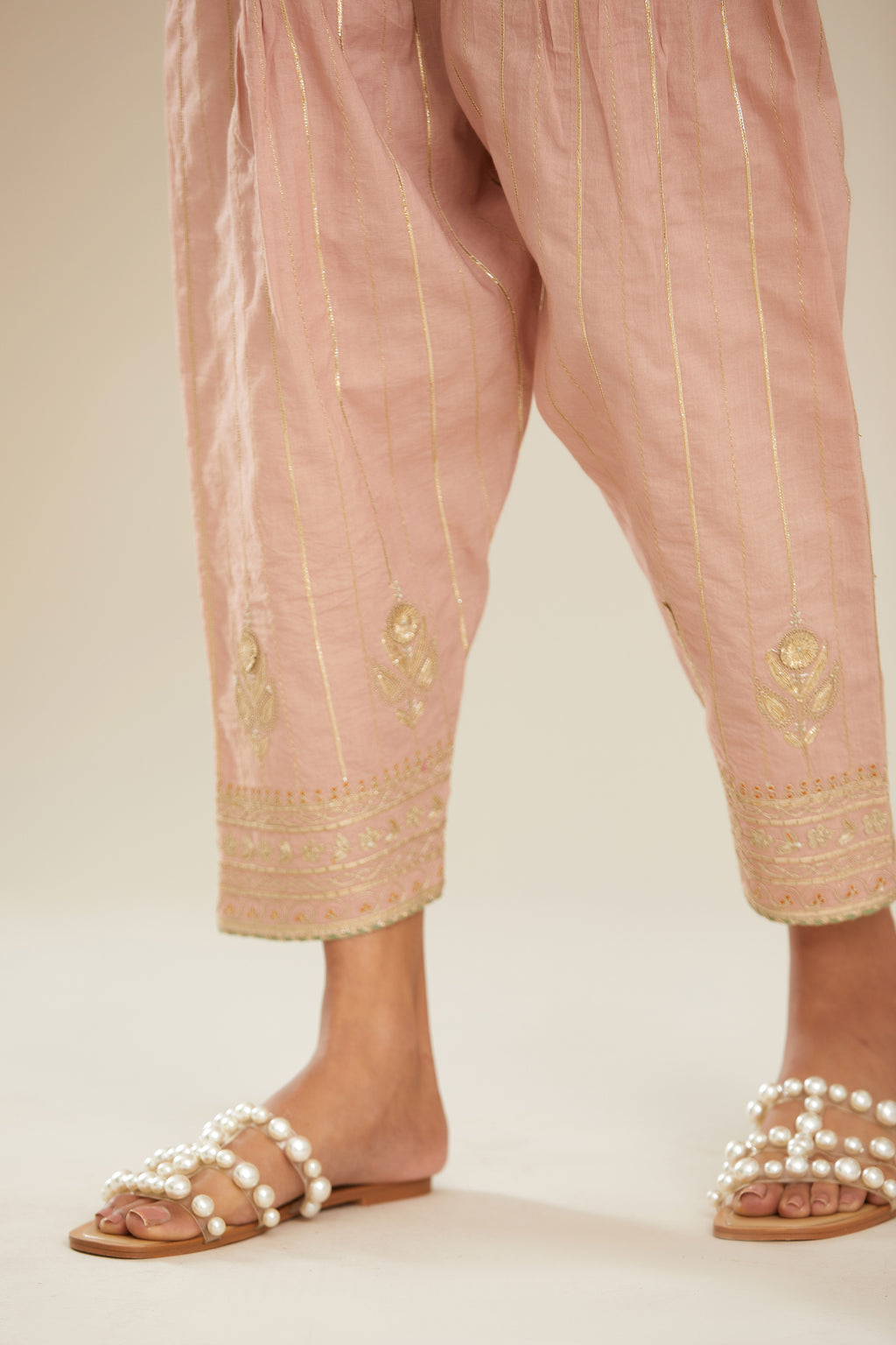 Old rose cotton narrow salwar with all-over gold gota and zari embroidery. (Salwar)