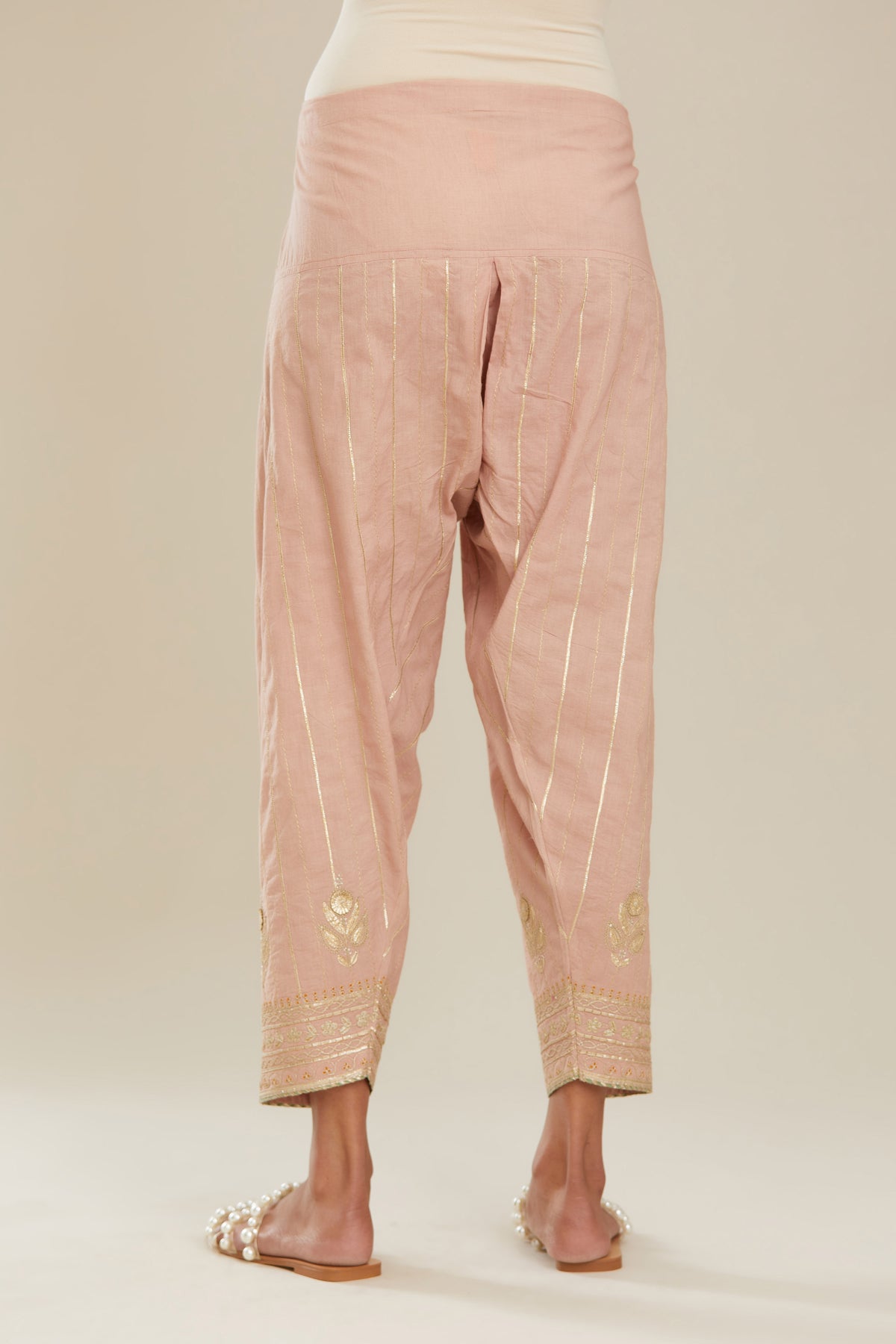 Old rose cotton narrow salwar with all-over gold gota and zari embroidery. (Salwar)