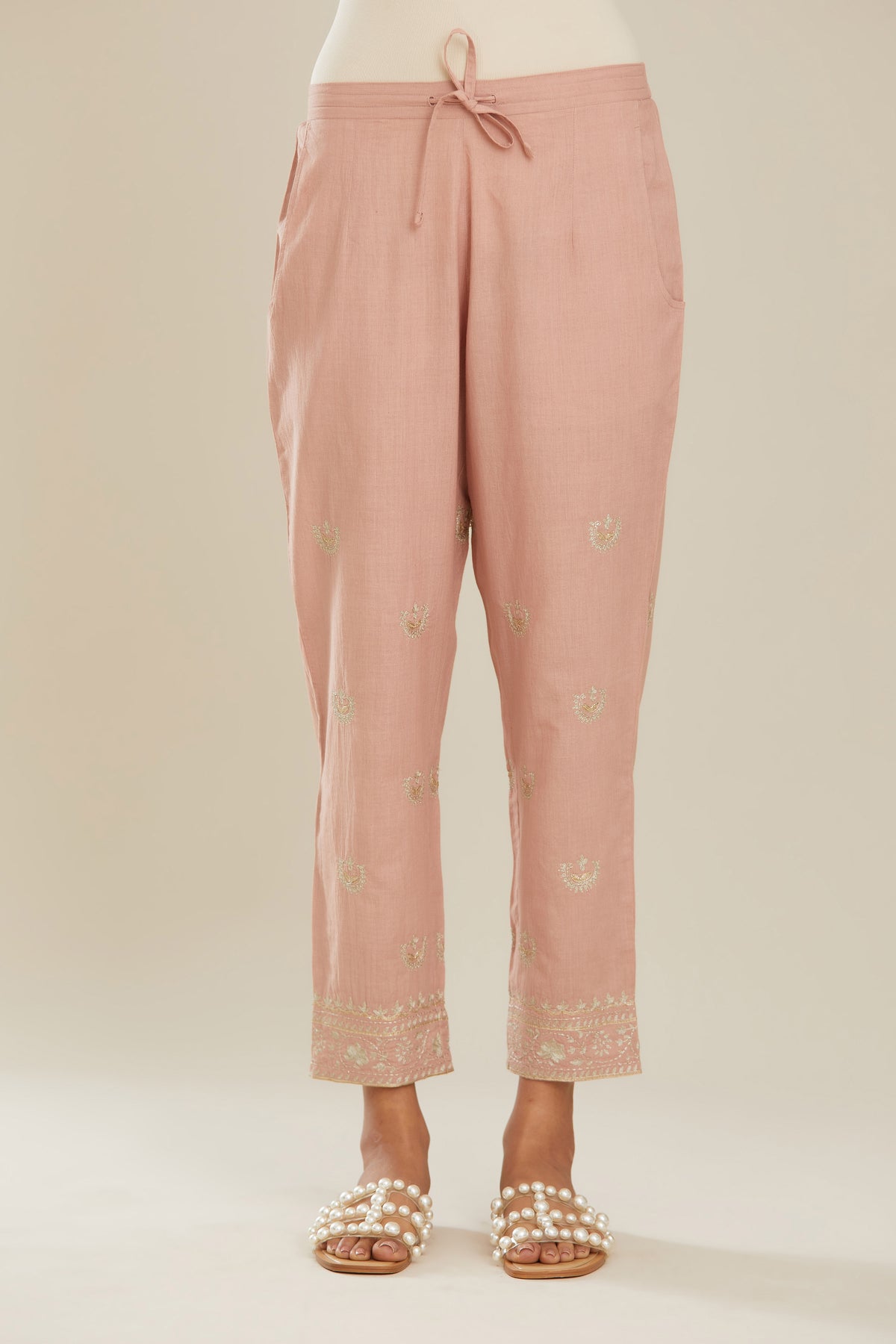 Old rose cotton narrow pants with gold gota and zari embroidery