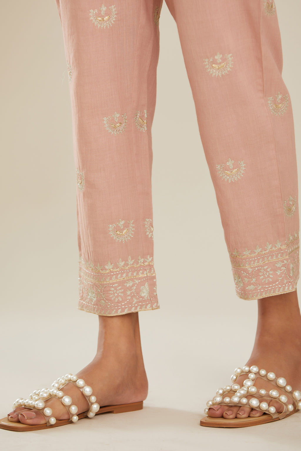 Old rose cotton narrow pants with gold gota and zari embroidery