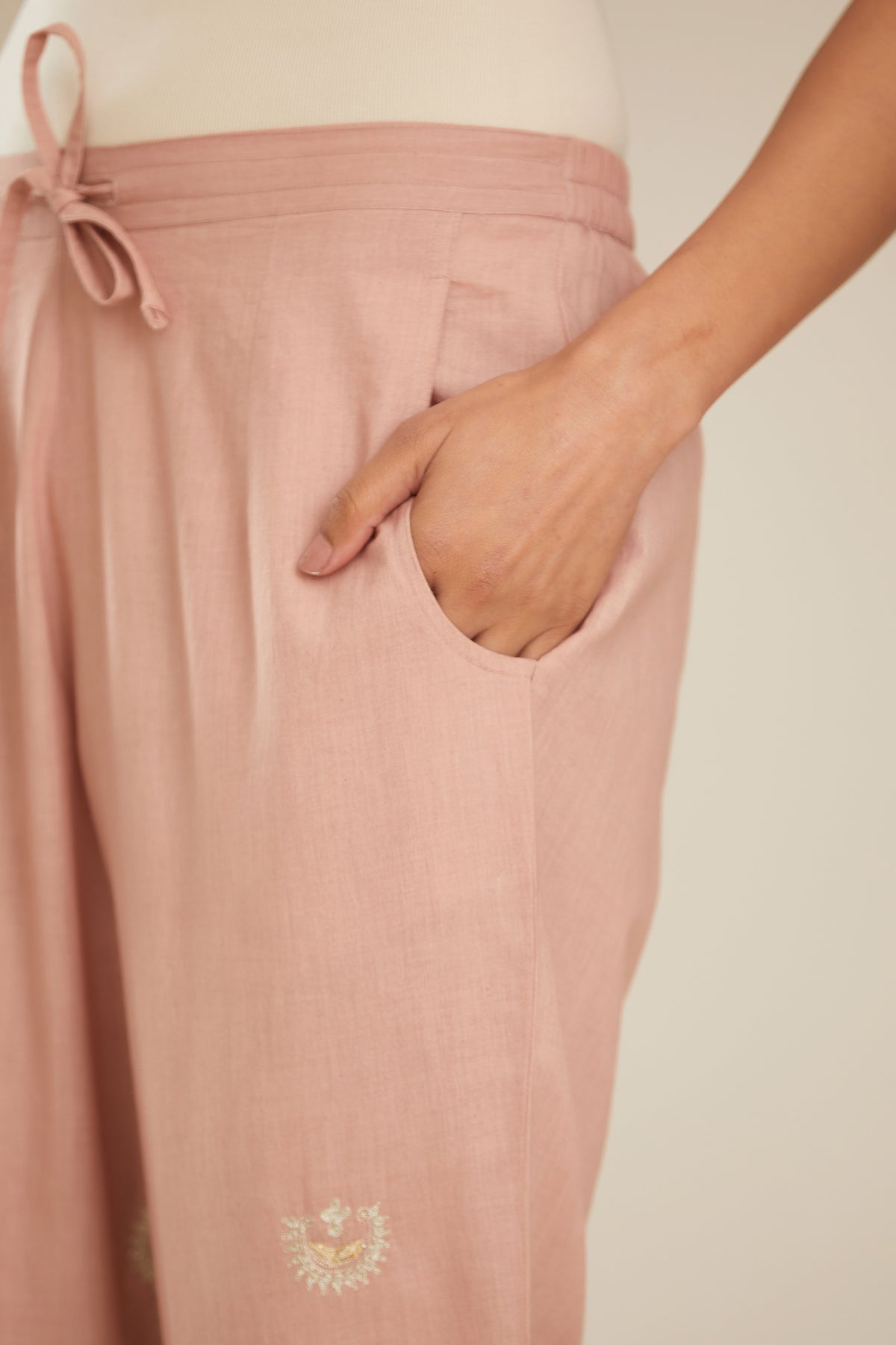 Old rose cotton narrow pants with gold gota and zari embroidery