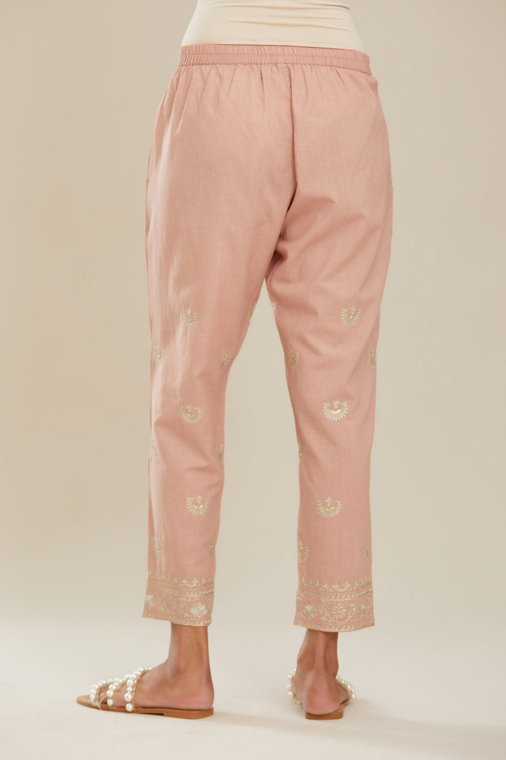 Old rose cotton narrow pants with gold gota and zari embroidery