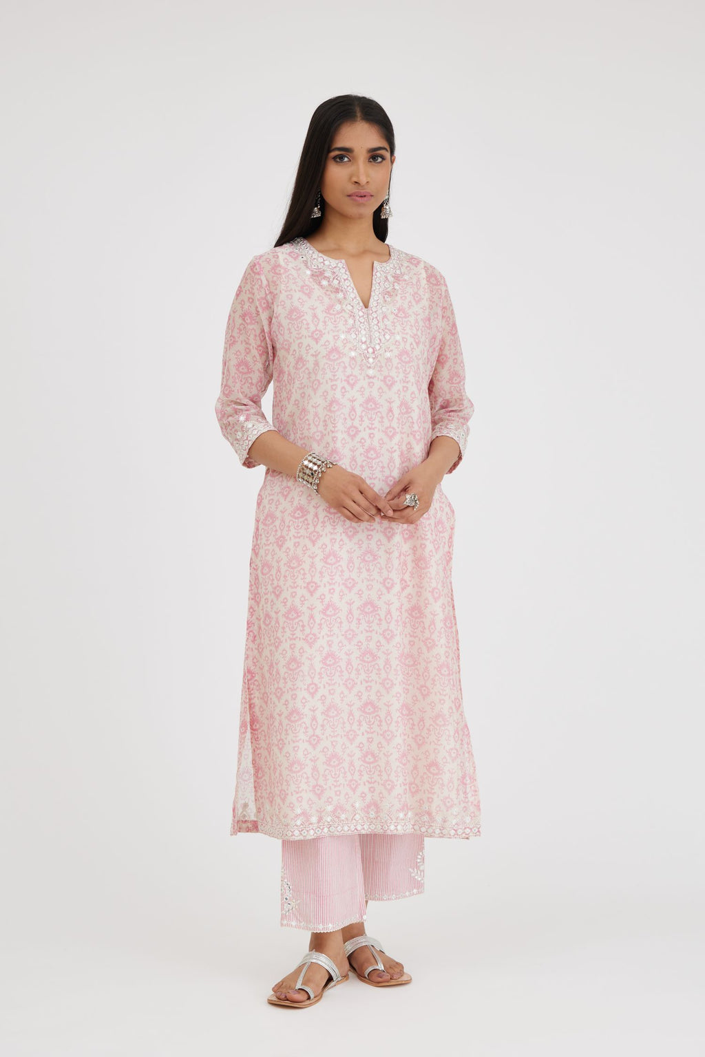 Ikat design pink and off white hand block-printed Cotton Chanderi straight long kurta set with off-white thread and mirror embroidery
