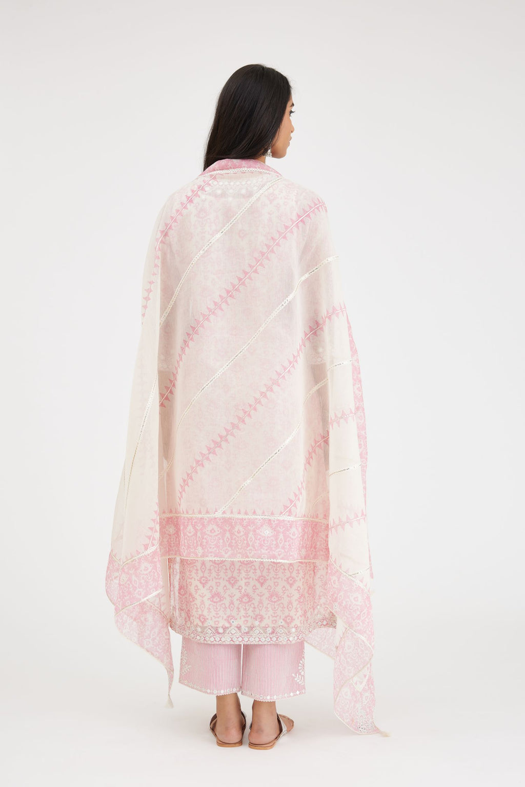 Ikat design pink and off white hand block-printed Cotton Chanderi straight long kurta set with off-white thread and mirror embroidery