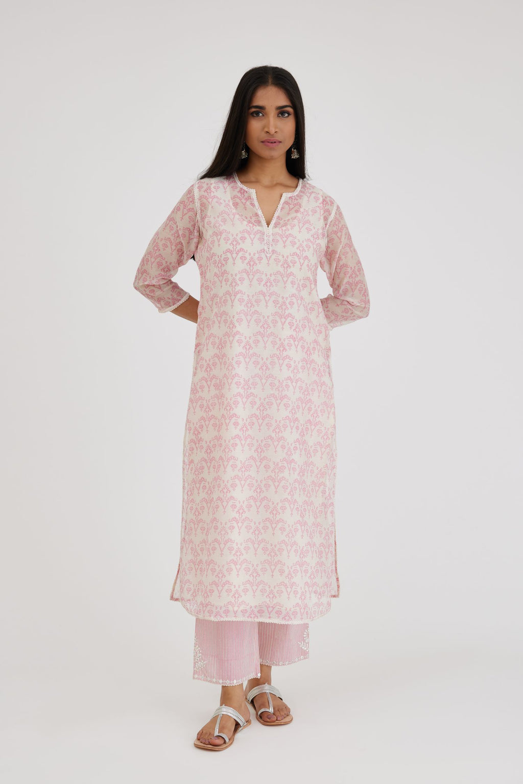 Ikat design pink and off white hand block-printed Cotton Chanderi straight long kurta set with off-white thread embroidery.