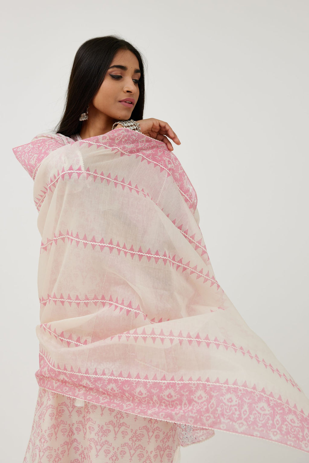 Cotton Chanderi Ikat hand block printed Dupatta with border and stripes in print.