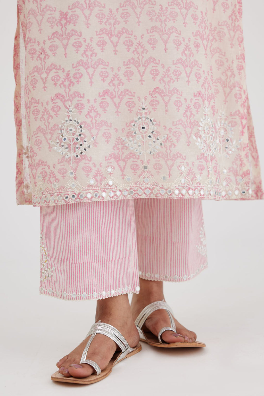 Ikat design pink and off white hand block-printed Cotton Chanderi straight long kurta set, highlighted with off-white thread and mirror embroidery.