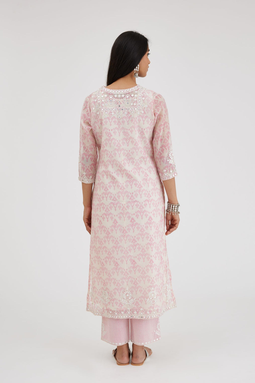 Ikat design pink and off white hand block-printed Cotton Chanderi straight long kurta set, highlighted with off-white thread and mirror embroidery.