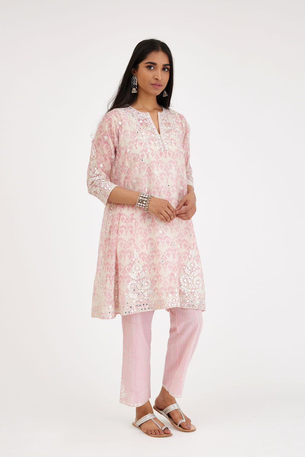 Ikat design pink and off white hand block-printed Cotton Chanderi short panelled kurta set with off-white thread and mirror embroidery..