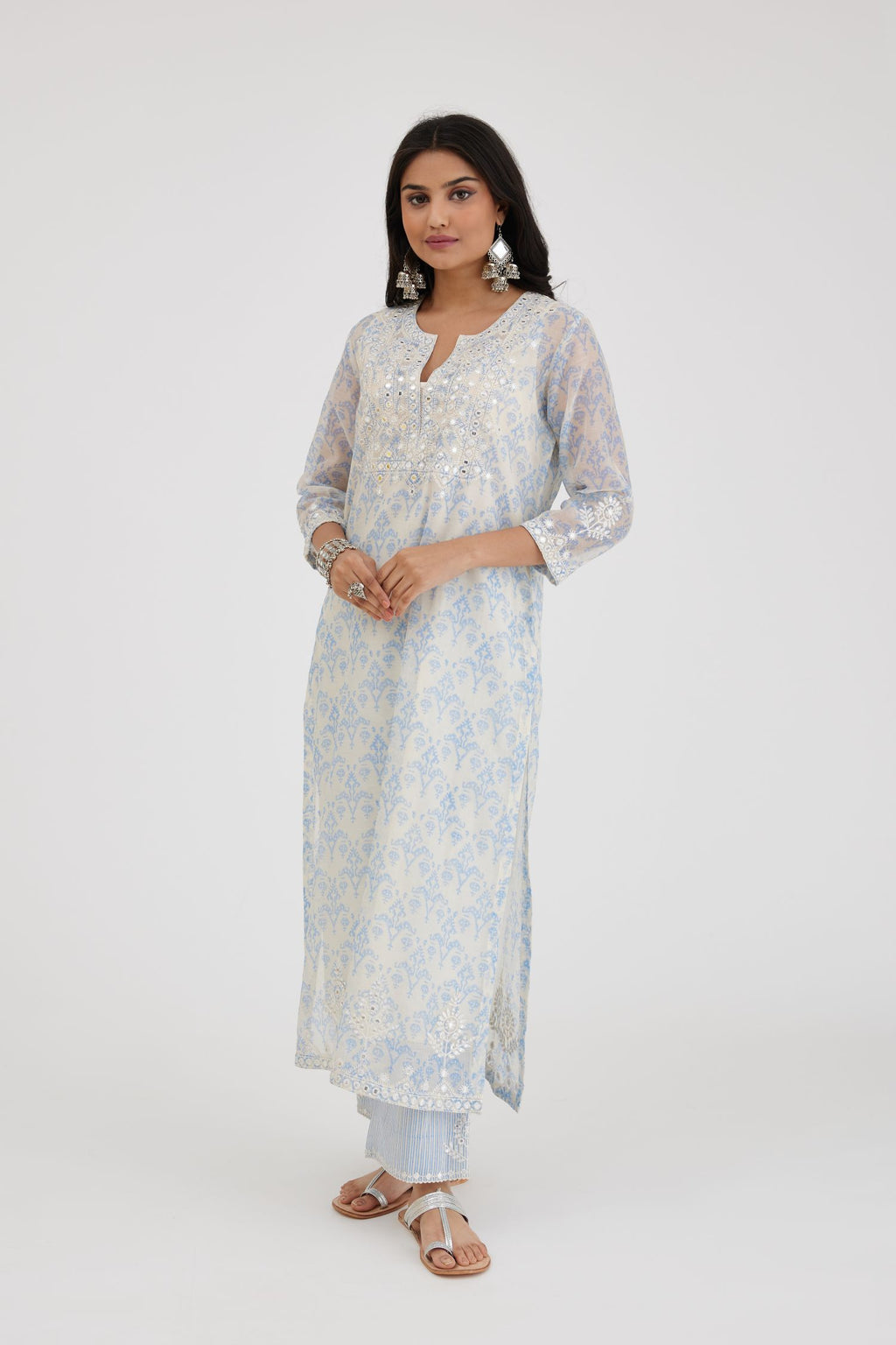 Ikat design blue and off white hand block-printed Cotton Chanderi straight long kurta set, highlighted with off-white thread and mirror embroidery..