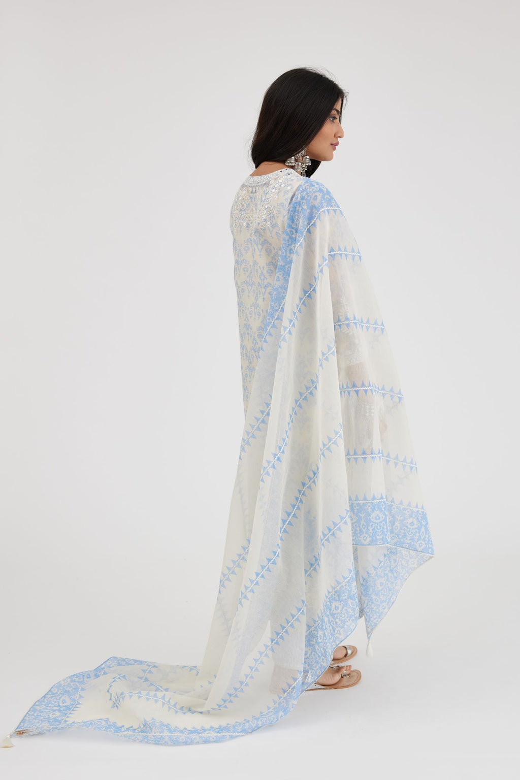 Ikat design blue and off white hand block-printed Cotton Chanderi straight long kurta set, highlighted with off-white thread and mirror embroidery..