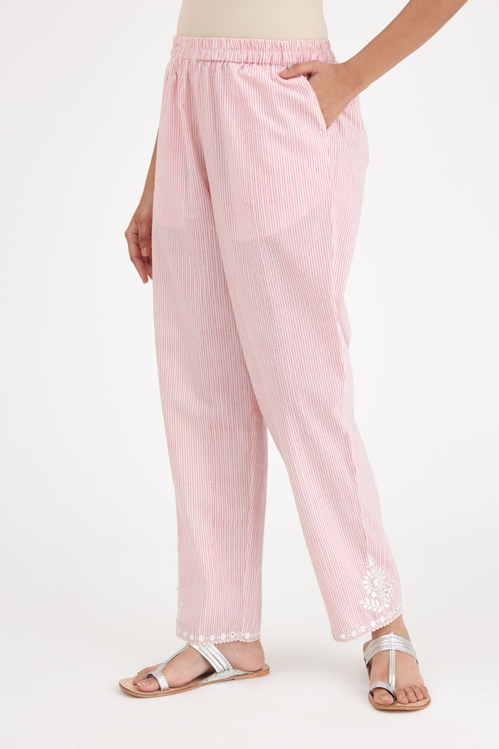Hand-block printed striped Cotton comfortable fit pant with all-over elasticated waistband.