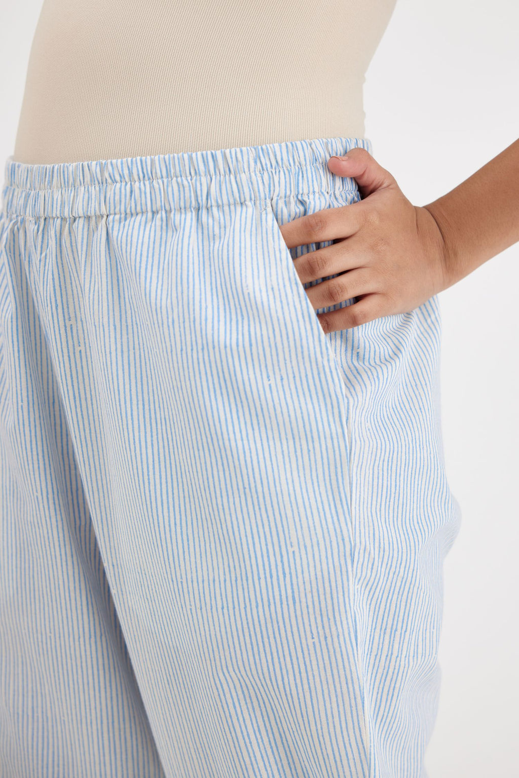 Blue hand-block printed striped Cotton comfortable fit pant with all-over elasticated waistband.